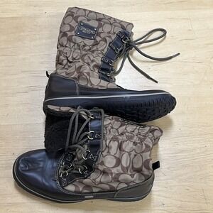 Coach Shaine Boots Womens Size 7 Brown Signature C Winter Snow Lace Up Fur
